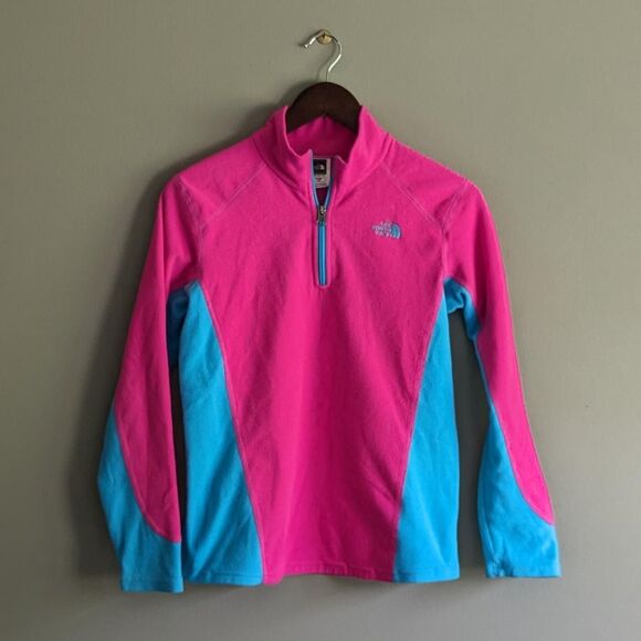 North Face Girls Size XL Fleece Jacket 1/4 Zip Kids Hot Pink Teal Extra Large LS - Picture 1 of 4